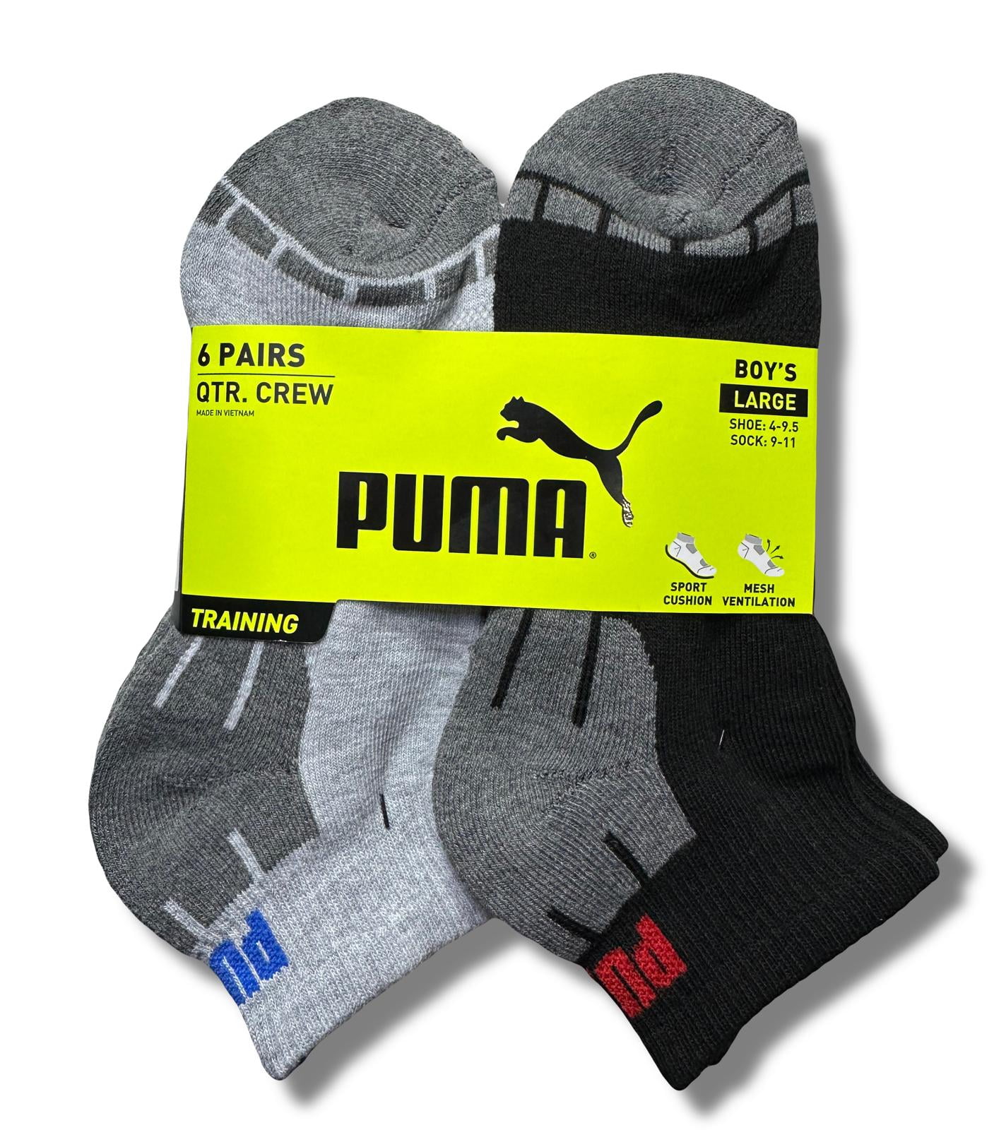 PUMA SOCKS BOYS X6 - QUARTER 243 - CUBE GRAY BLACK - LARGE SZ SHOE 4-9. ...