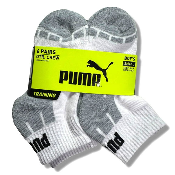 PUMA SOCKS BOYS X6 - QUARTER CUT 243 - CUBE WHITE - SMALL SZ SHOE 4-8.5 - 6 PACK