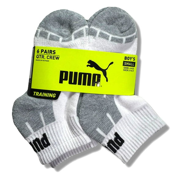 PUMA SOCKS BOYS X6 - QUARTER CUT 243 - CUBE WHITE - SMALL SZ SHOE 4-8.5 - 6 PACK