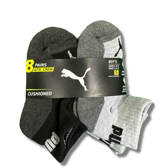 PUMA SOCKS BOYS X8 - QUARTER CUT 253 - TRAP GREY BCK - SZ SMALL SHOE SZ 4-8.5