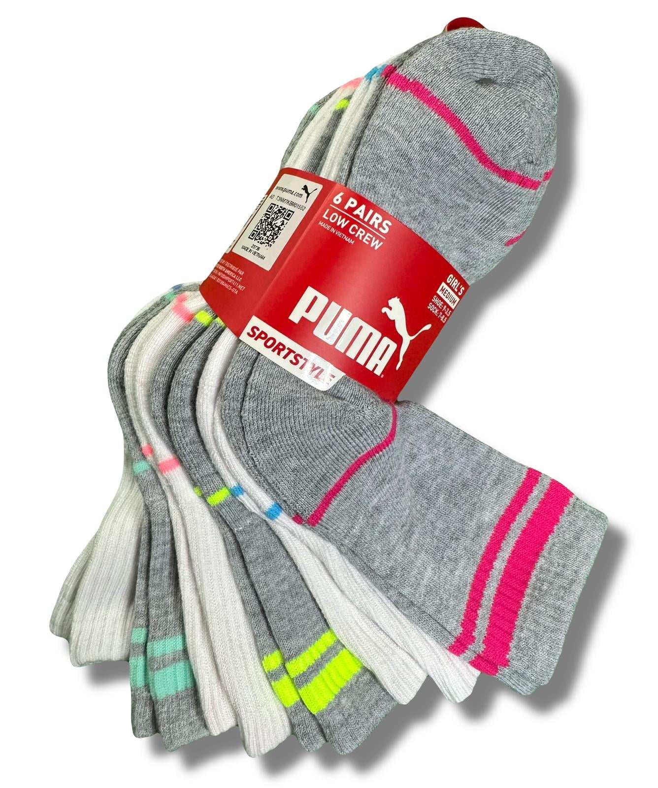 PUMA SOCKS GIRLS X6 - LOW CREW 253 - 2 LINES - MEDIUM SHOE 9-3.5 6 PACK ...