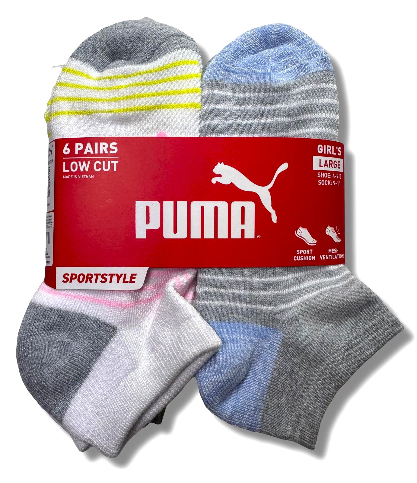 PUMA SOCKS GIRLS X6 - LOW CUT 243 - NORA MULTI - LARGE 6 PACK SHOE 4-9. ...