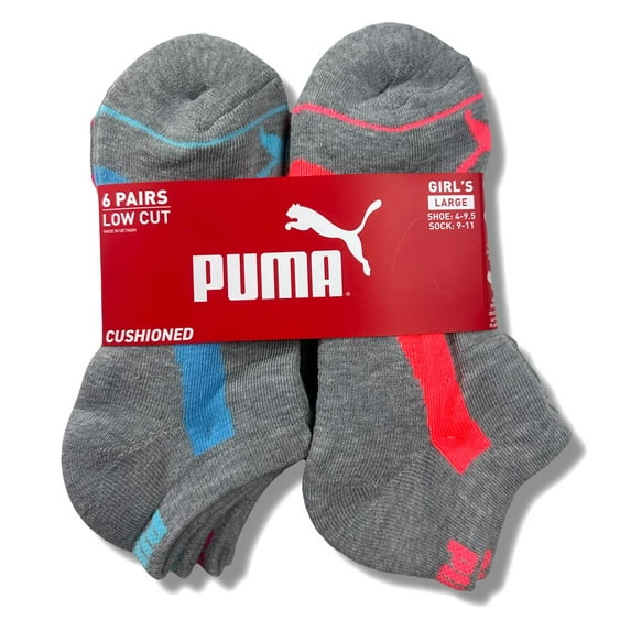 PUMA SOCKS GIRLS X6 - LOW CUT 243 - PIPE GREY - LARGE 6 PACK SHOE 4-9.5