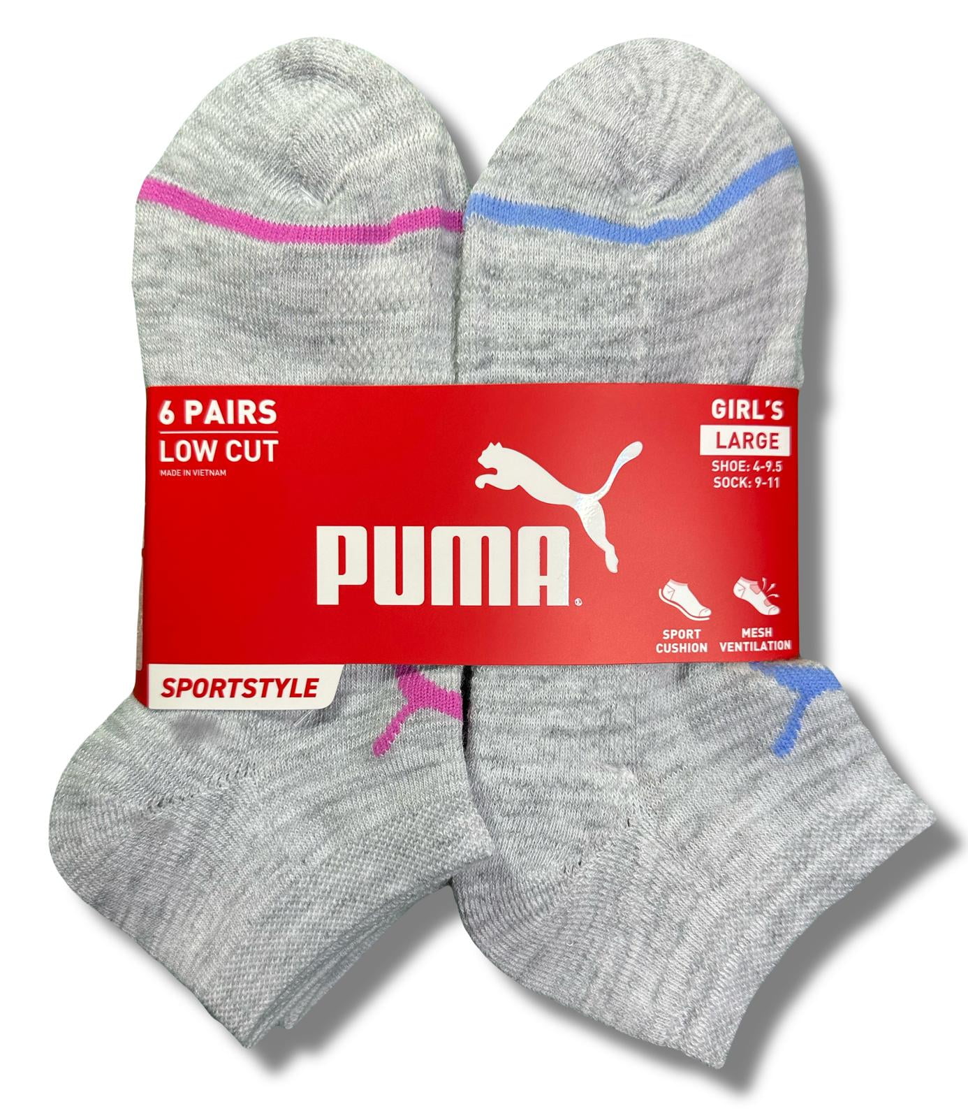 PUMA SOCKS GIRLS X6 - LOW CUT 253 - SOLID GREY - LARGE SHOE 4-9.5 6 ...