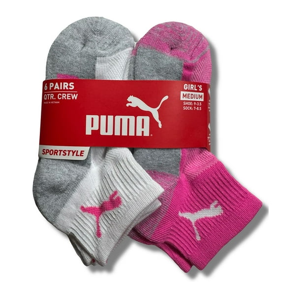 PUMA SOCKS GIRLS X6 - QUARTER CUT 243 - LUCY PINK - MEDIUM SHOE 9-3.5 6 PACK