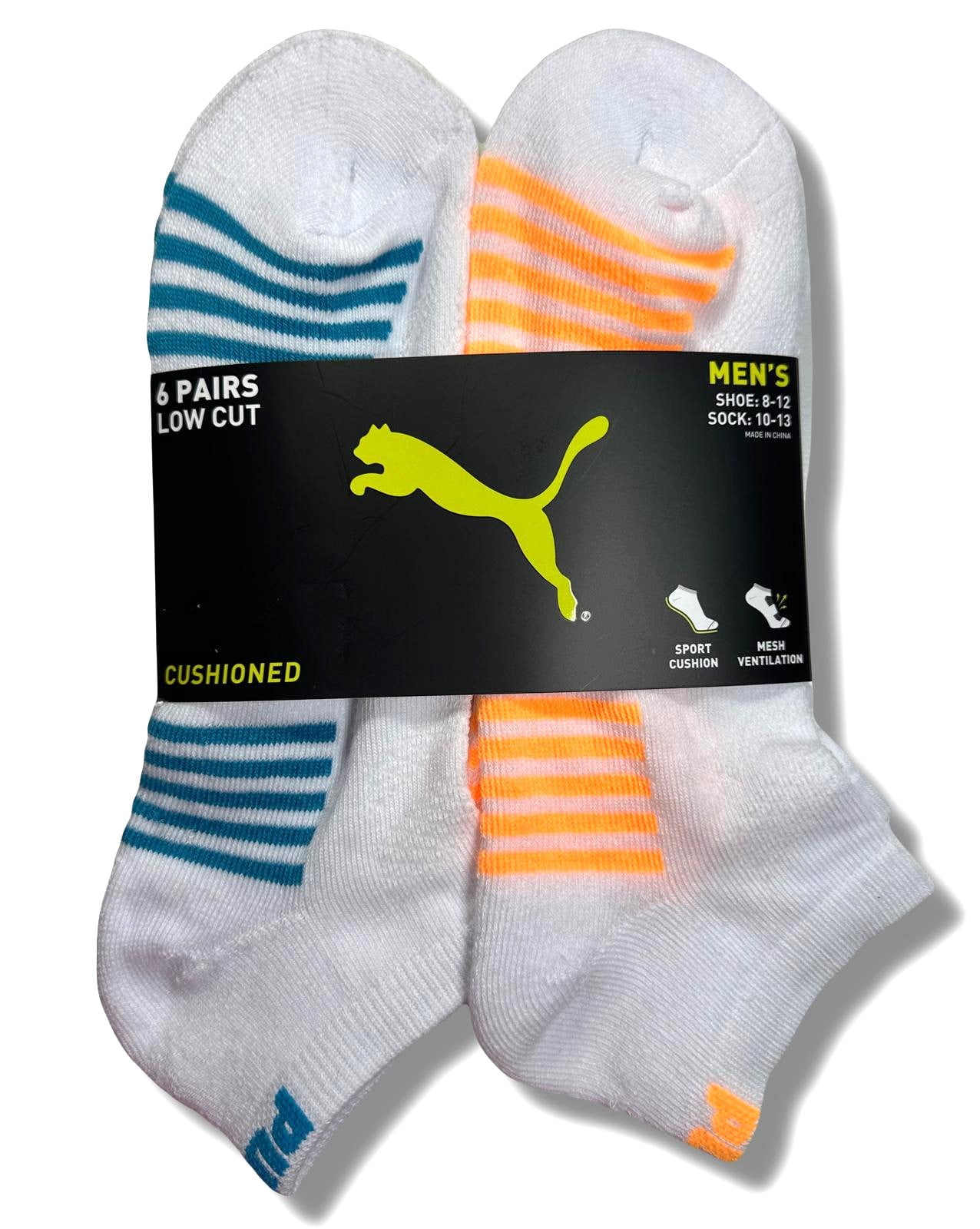 PUMA SOCKS MEN'S - LOW CUT - BLISS 253 - WHITE ORANGE - LARGE (10-13) PACK  6 XX - Walmart.com