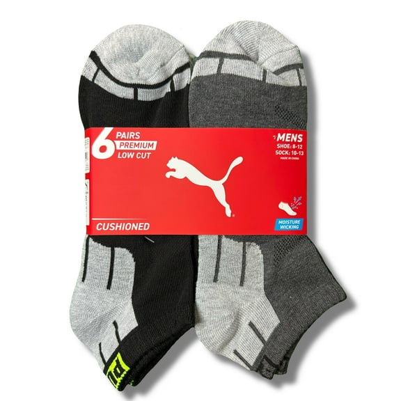 PUMA SOCKS MEN'S - LOW CUT - CUBE 253 - BLACK GRAY WHI - LARGE (10-13) PACK 6 XX