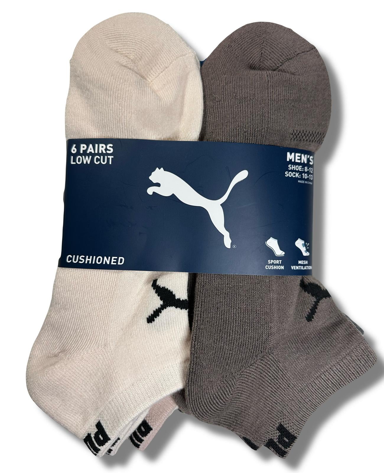 PUMA SOCKS MEN'S - LOW CUT - SOLID 253 - BROWN SKIN - LARGE (10-13) PACK 6 XX