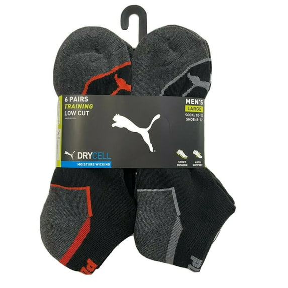 PUMA SOCKS MEN'S - LOW CUT - WAVE 223 - BLACK RED - LARGE (10-13) PACK 6 XX