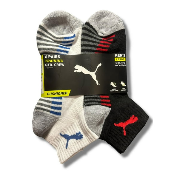 PUMA SOCKS MEN'S - QUARTER CUT - BLISS 243 - BLACK BLUE- LARGE (10-13) PACK 6 XX