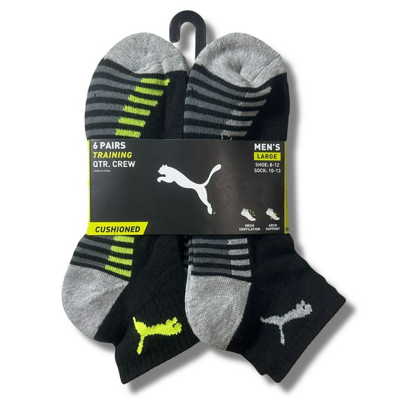 PUMA SOCKS MEN'S - QUARTER CUT - BLISS 243 - BLACK LIME- LARGE (10-13) PACK 6 XX