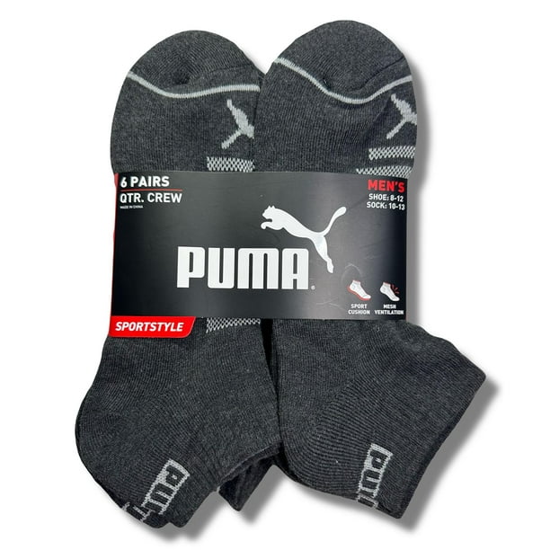 PUMA SOCKS MEN'S - QUARTER CUT - GLEE 253 - GRAY GRAY - LARGE (10-13) PACK 6 XX