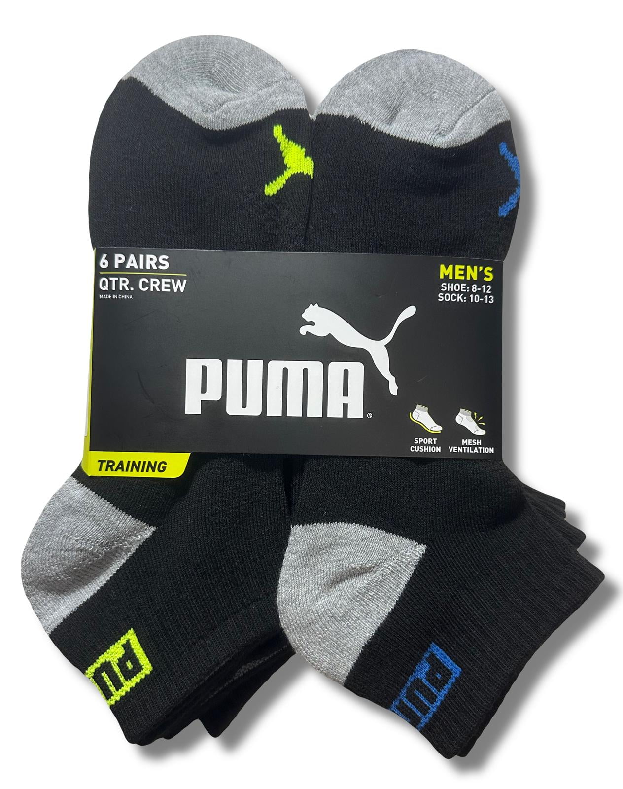 PUMA SOCKS MEN'S - QUARTER CUT - ZING 243 - BLACK LIME - LARGE (10-13) PACK 6 XX