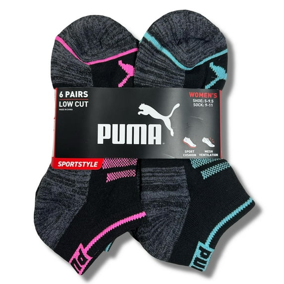 PUMA SOCKS WOMEN'S - LOW CUT - GLEE 253 - GREY CHARCOAL - SHOE SZ 5-9.5 -PACK 6