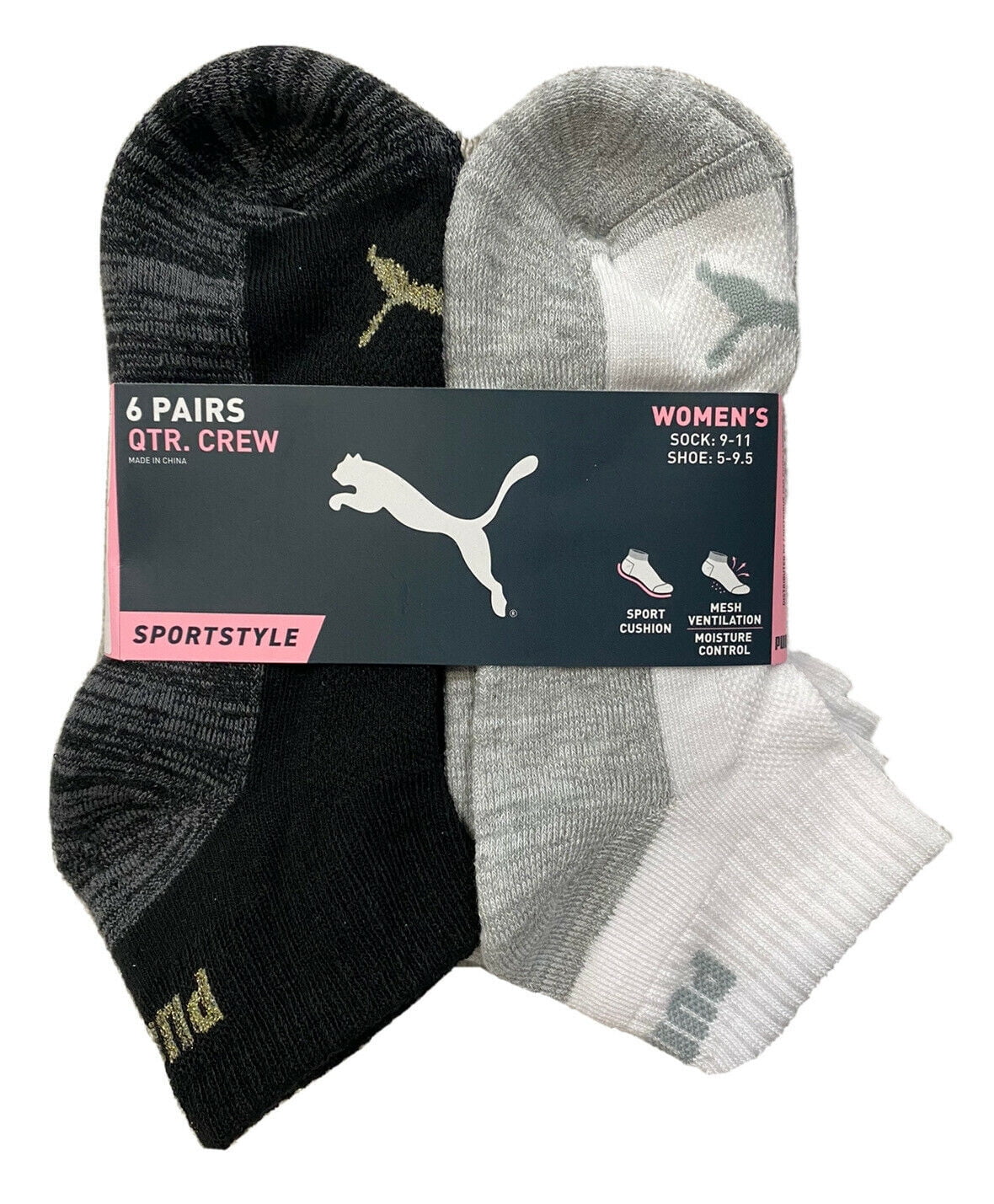 PUMA SOCKS WOMEN'S PG QUARTER CREW BLACK GOLD LARGE (911) PACK