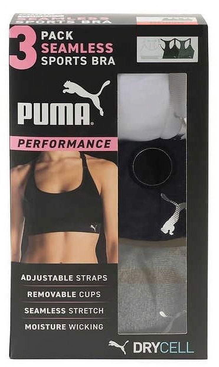 PUMA Women Sports Bra, 3-Pack (Black/White/Grey, Large) 