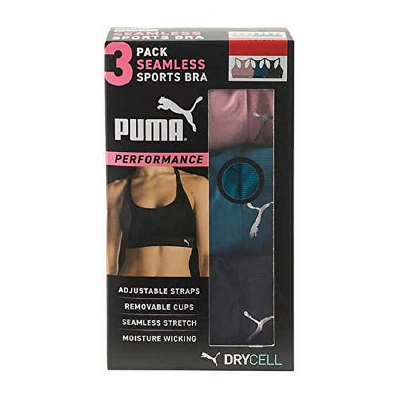 PUMA Women Sports Bra, 3-Pack (Pink/Blue/Black, Medium)
