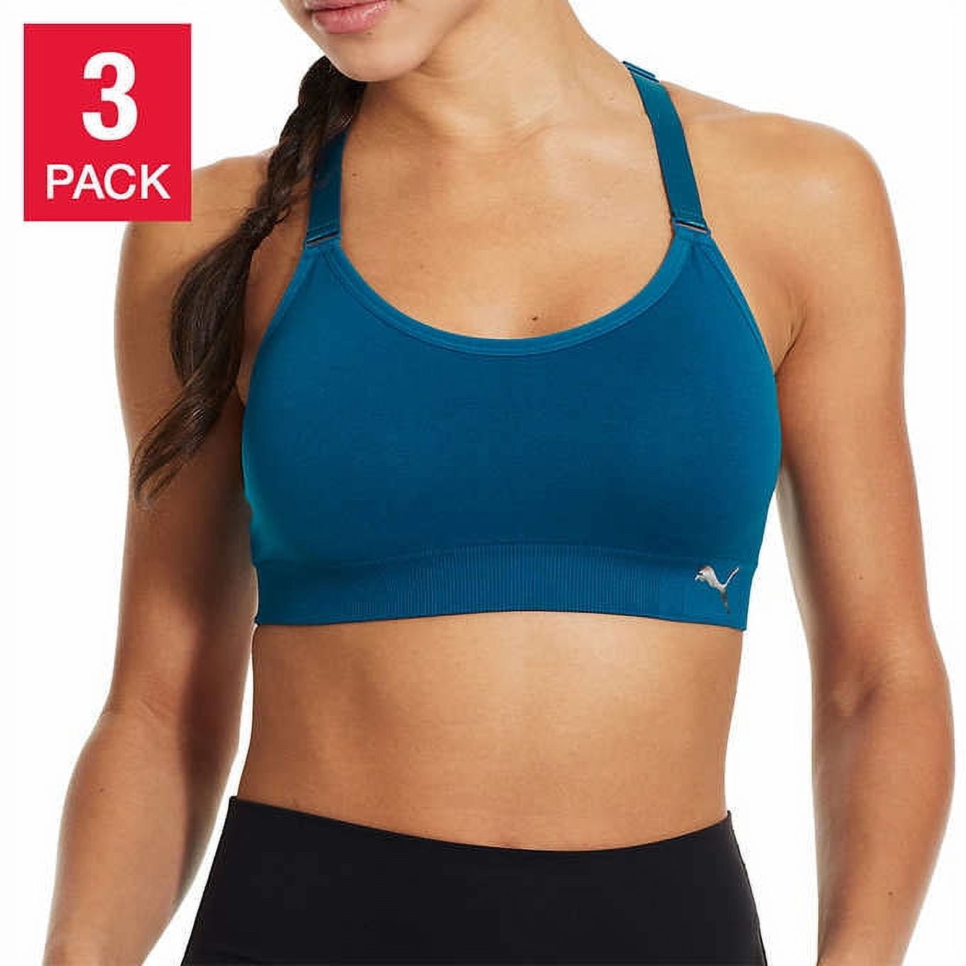 PUMA Women Sports Bra, 3-Pack Size: XL, Color: Pink/Blue/Black