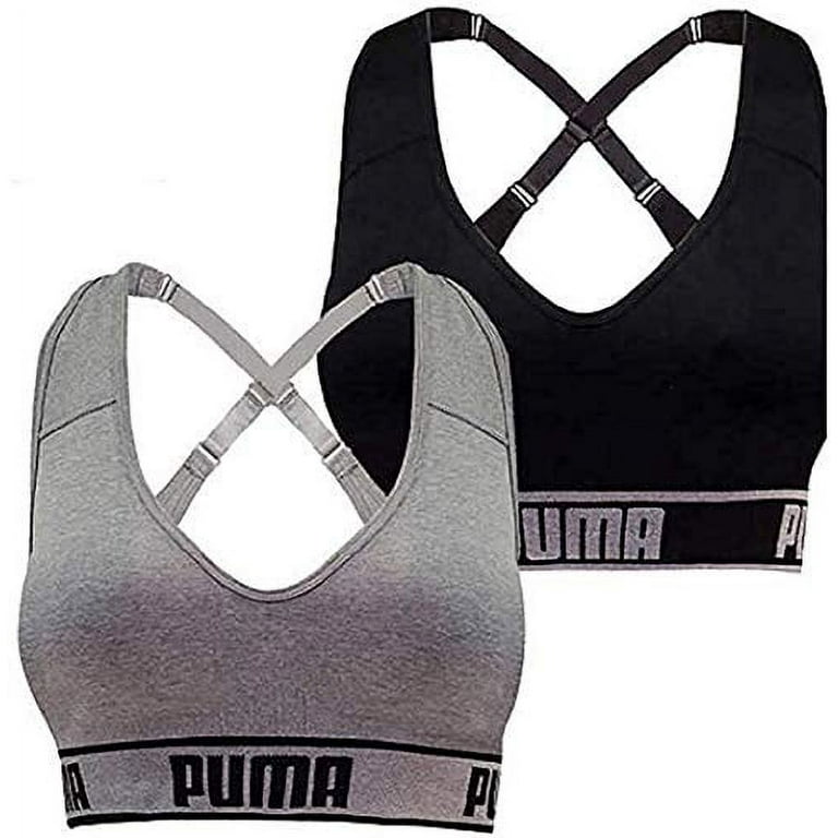 PUMA Women's Seamless Sports Bra Removable Cups - Adjustable Straps  Moisture Wicking (2 Pack) (Black - Gray, Small) 