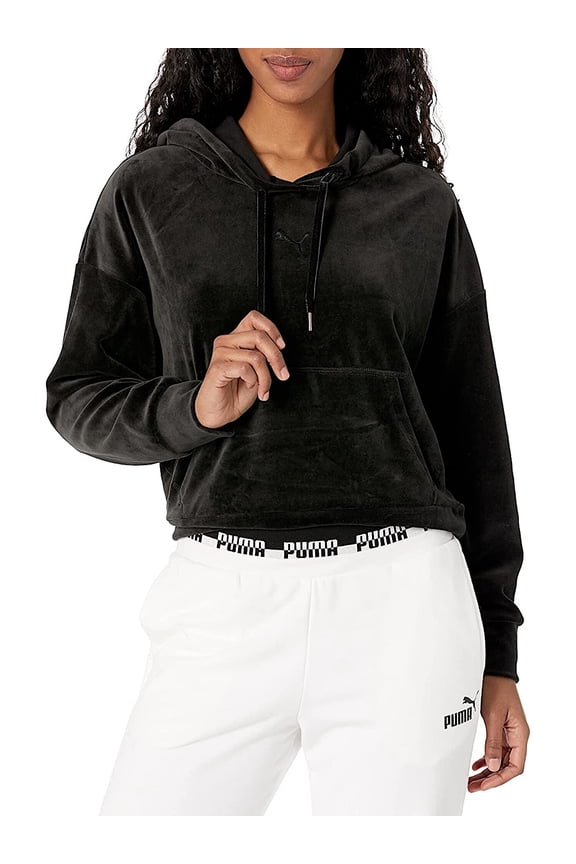 Womens Black Pocketed Drawstring Hood Logo Graphic Sweatshirt Plus 2X