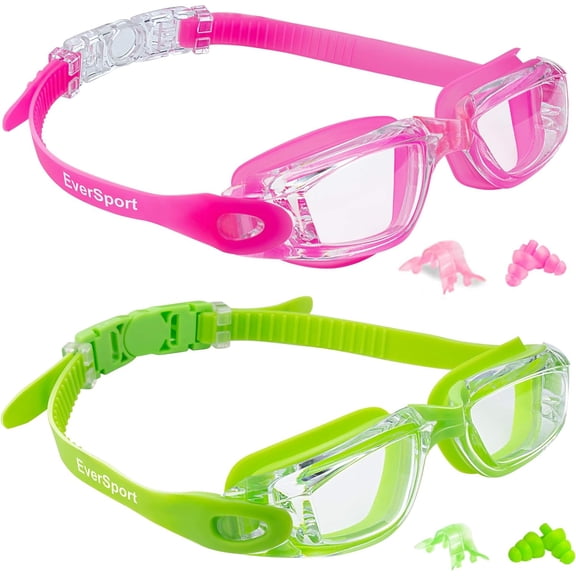 PUMIER 2 Pack Kids Swim Goggles for Age 4-16, Anti-Fog & Anti-UV Leak-Proof Youth Swim Glasses, Wide Vision with Adjustable Strap, Includes Mesh Bag & Ear Pl