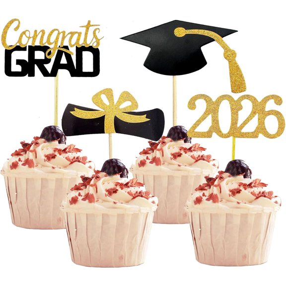 PUMIER 2026 Graduation Cupcake Toppers, 48 PCS Gold Glitter Grad Cap & Diploma Cake Decorations Set - Non-Edible Food Picks for Graduation Party, School Reunion, Class of 2026 Celebrations