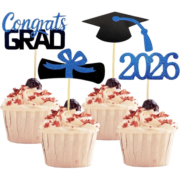 PUMIER 2026 Graduation Cupcake Toppers, 48 PCS Gold Glitter Grad Cap & Diploma Cake Decorations Set - Non-Edible Food Picks for Graduation Party, School Reunion, Class of 2026 Celebrations