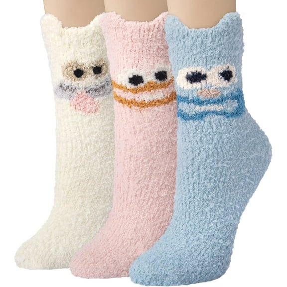 PUMIER 3 Pairs Womens Fuzzy Socks Winter Warm Fluffy Soft Slipper Home Sleeping Cute Animal Socks Christmas Socks