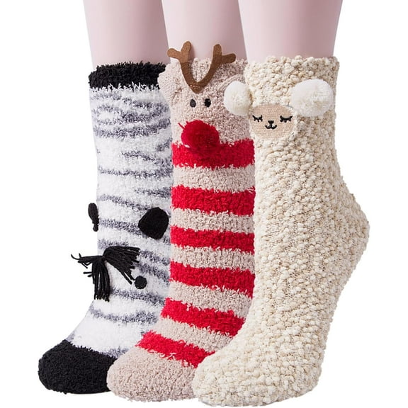 PUMIER 3 Pairs Womens Fuzzy Socks Winter Warm Fluffy Soft Slipper Home Sleeping Cute Animal Socks Christmas Socks