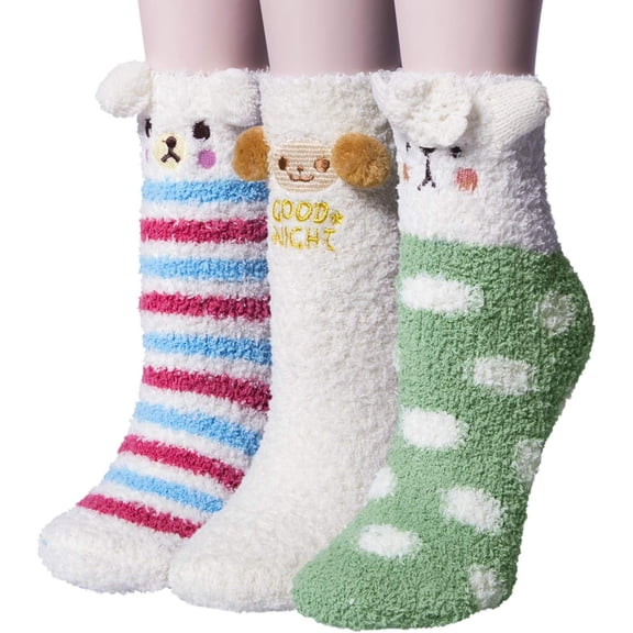 PUMIER 3 Pairs Womens Fuzzy Socks Winter Warm Fluffy Soft Slipper Home Sleeping Cute Animal Socks Christmas Socks