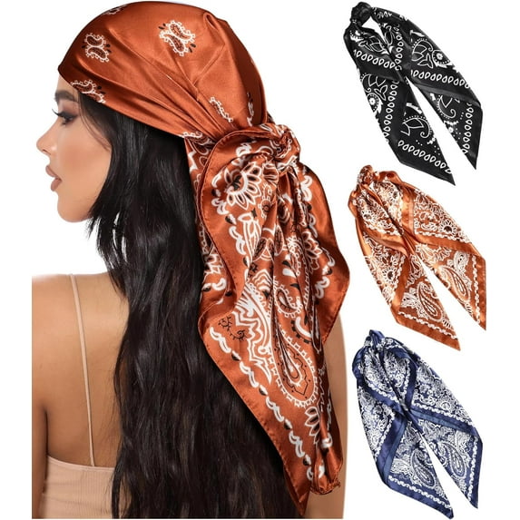 PUMIER 35” Large Square Satin Head Scarf - 3Pcs Satin Hair Scarves Silk Bandana Scarf Headscarf Silk Feeling Scarf for Women