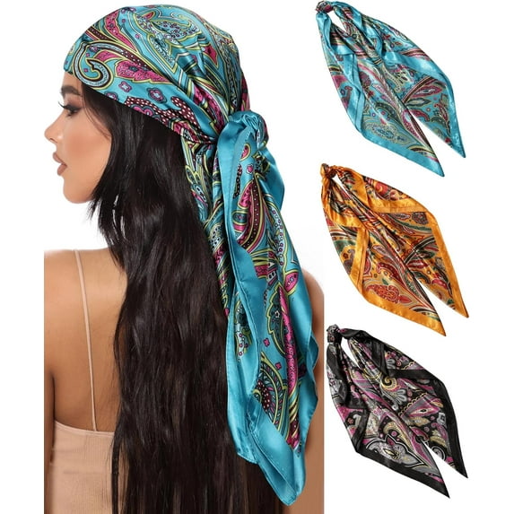 PUMIER 35” Large Square Satin Head Scarf - 3Pcs Satin Hair Scarves Silk Bandana Scarf Headscarf Silk Feeling Scarf for Women