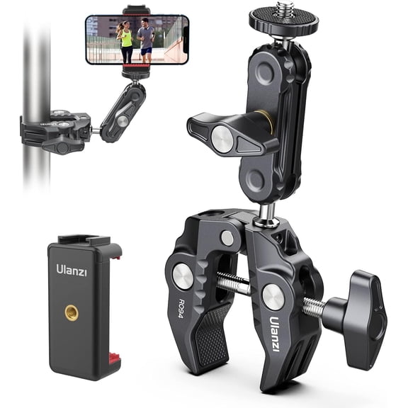 PUMIER 360° Ball Head Camera Clamp Mount with Double Ball Adapter, 1/4 & 3/16 Threads for DSLR Camera, Monitor, LED Lights, Action Cam, Magic Arm Rig