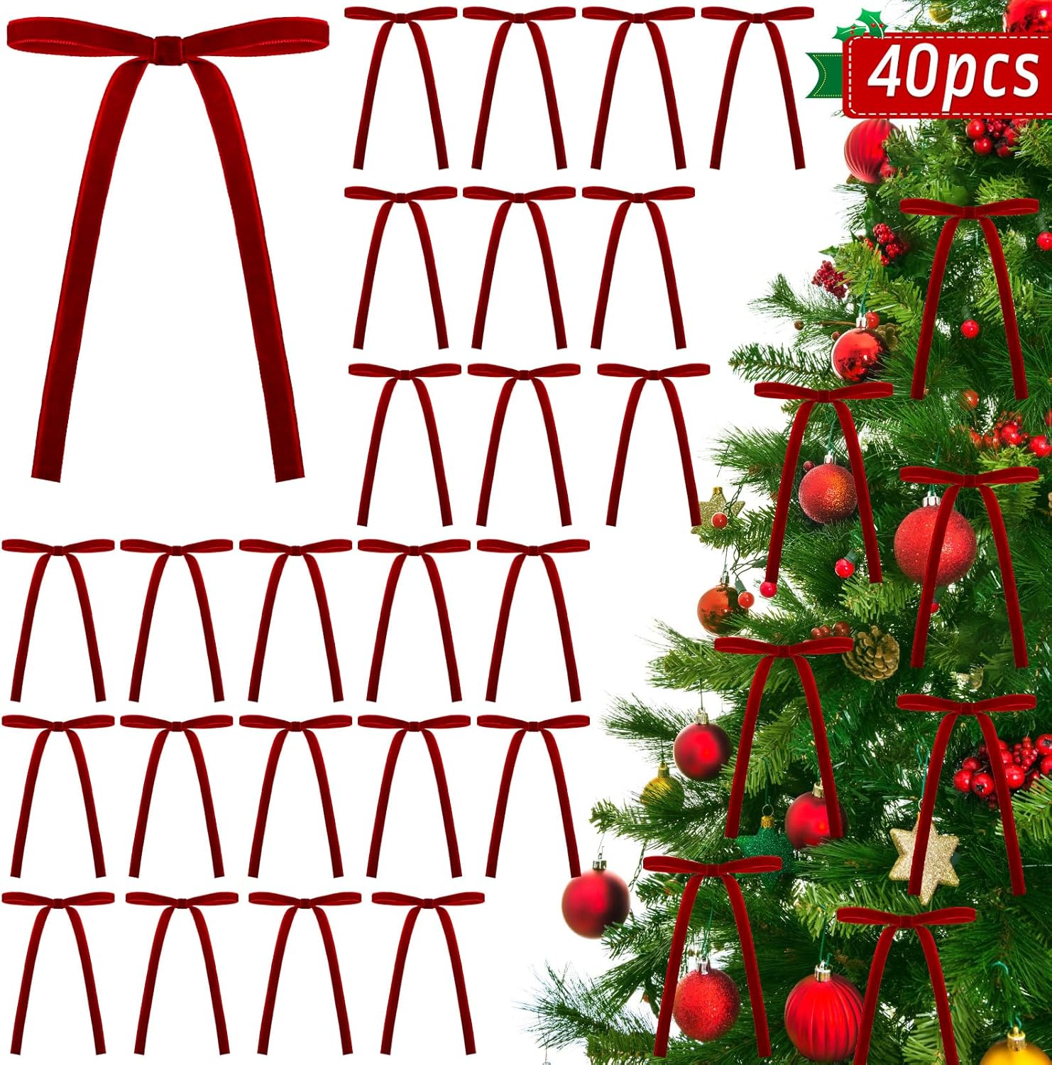 PUMIER 40Pcs Burgundy Velvet Christmas Bows – 5x7 Inch Vintage Tree ...