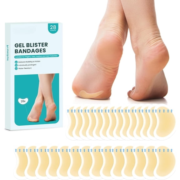 PUMIER Blister Pads - 28 ct Water Resistant Hydrocolloid Bandages for Foot, Toe, Heel - Gel Blister Cushions for Prevention & Recovery, Variety Pack