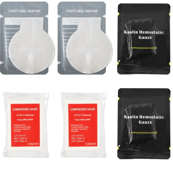 PUMIER  First Aid Trauma Kit Refill Supplies - 2PCS Chest Seal Non-Vented Adhesive Dressing + 2PCS Quick Clotting Combat Gauze + 2PCS Z-Folded Compressed Sterile Gauze