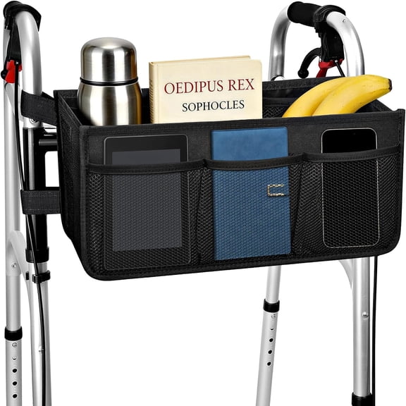PUMIER Foldable Walker Basket with Cup Holder - Large Capacity Storage Bag, Non-Tip Design, Fits Most Walkers