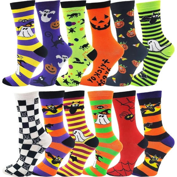 PUMIER Halloween Socks for Women Girls, 12 Pairs Bats Pumpkins Ghosts Print, Colorful Pattern Novelty Cute