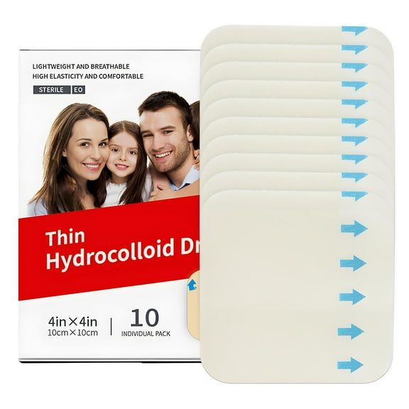 PUMIER Hydrocolloid Wound Dressing, 10 Pcs Ultra Thin 4" x 4" Large Patch Bandages with Self-Adhesive, Fast Healing for Bedsore, Burn, Blister, Acne Care, Sterile and Waterproof