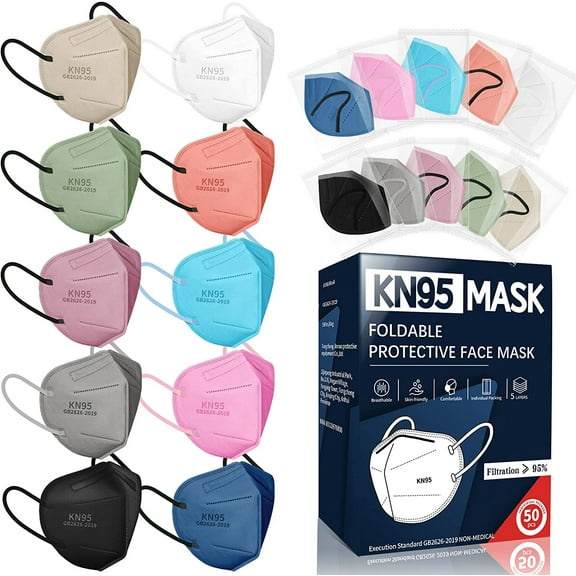 PUMIER KN95 Face Masks for Adults, 50 Pack 10 Colors Disposable KN95 Masks, 5 Layer Breathable Individually Wrapped Face Masks with Designs, Filter Efficiency 95%