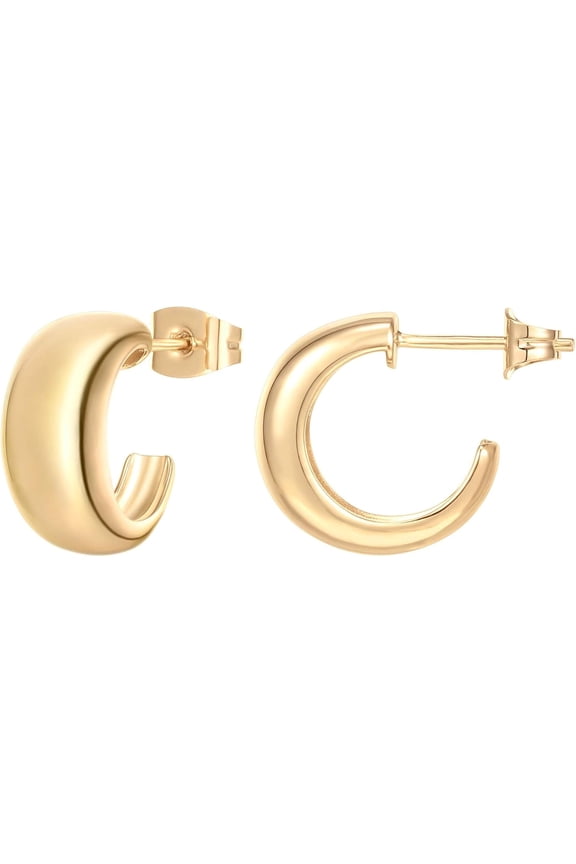 Multi-Color 14K Gold Plated Thick Dome Huggie Hoop Earrings for Women - 15mm Small Wide Round Sterling Silver Lightweight Hoops, Hypoallergenic & Sensitive Skin Safe