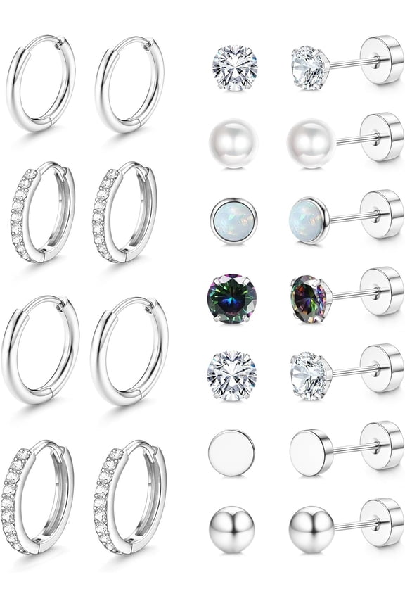 Multi-Color Hypoallergenic Stud & Hoop Earrings Set for Sensitive Ears - Small Flat Back Surgical Steel Cartilage Piercing Stacks Gift Jewelry