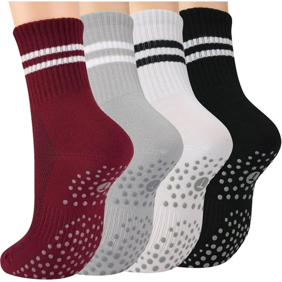 PUMIER Pilates Socks for Women with Non Slip Grippers, Yoga Crew Socks for Barre Hospital Sticky Slipper Socks 4 Pairs