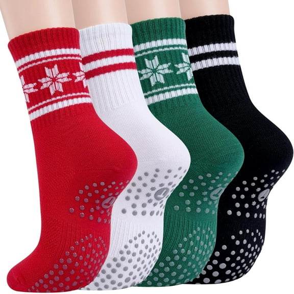 PUMIER Pilates Socks for Women with Non Slip Grippers, Yoga Crew Socks for Barre Hospital Sticky Slipper Socks 4 Pairs