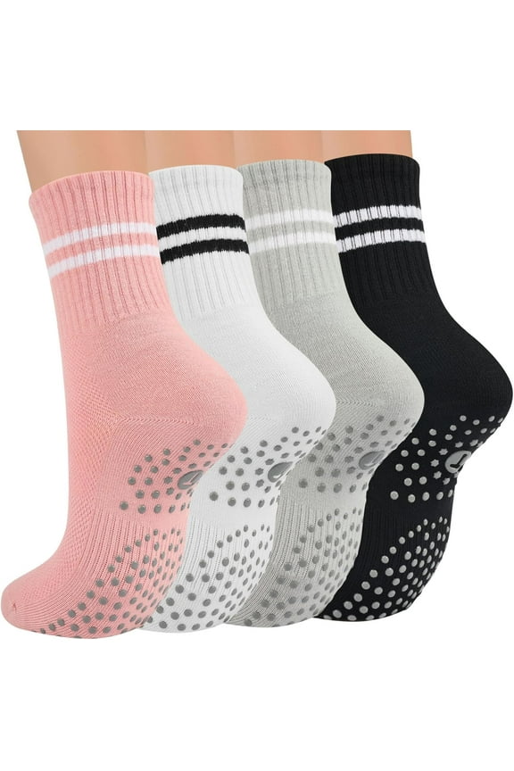 Pilates Socks for Women with Non Slip Grippers, Yoga Crew Socks for Barre Hospital Sticky Slipper Socks 4 Pairs