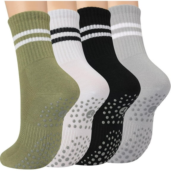 PUMIER Pilates Socks for Women with Non Slip Grippers, Yoga Crew Socks for Barre Hospital Sticky Slipper Socks 4 Pairs