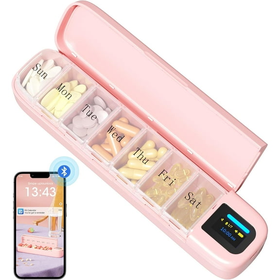 PUMIER Smart Pill Dispenser with App Alarms, 7-Day Automatic Pill Organizer, Portable Weekly Medication Reminder for Vitamins & Supplements