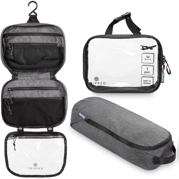 PUMIER Travel Toiletry Bag Set - 3 Piece Hanging Organizer with Clear TSA Liquid Pouch, Makeup Brush Bag & Ultralight Accessory Pouch for Camping, Overnight Trips