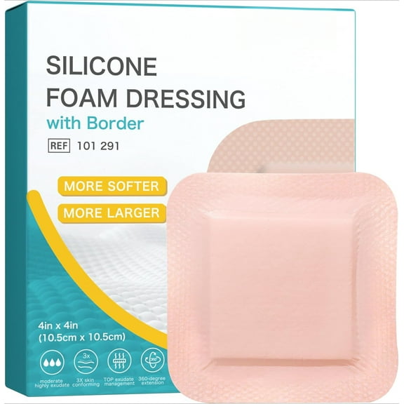 PUMIER Ultra Soft Silicone Foam Dressing 4"x4" (10 Pack)- Super Absorbency Wound Dressing with Widened Border, Adhesive Foam Bandages for Bed Sores, Burn, Ulcer, Surgical Wound, FSA/HSA Eligible