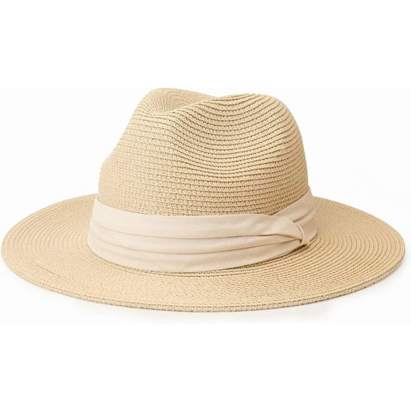 PUMIER Women Straw Panama Hat Travel Fedora Beach Sun Hat Summer Wide Brim Straw Roll up Hat UPF 50 